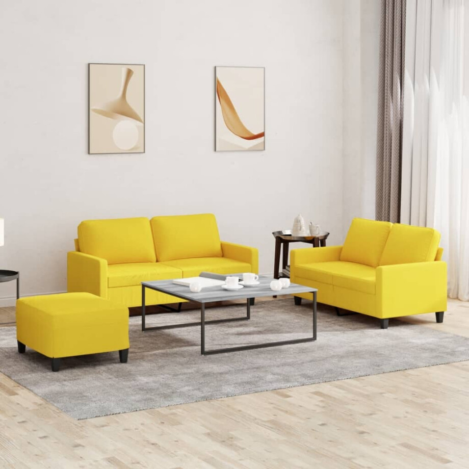 vidaXL 3-delige Loungeset met kussens stof lichtgeel vidaXL 3-delige Loungeset met kussens stof lichtgeel afbeelding 1