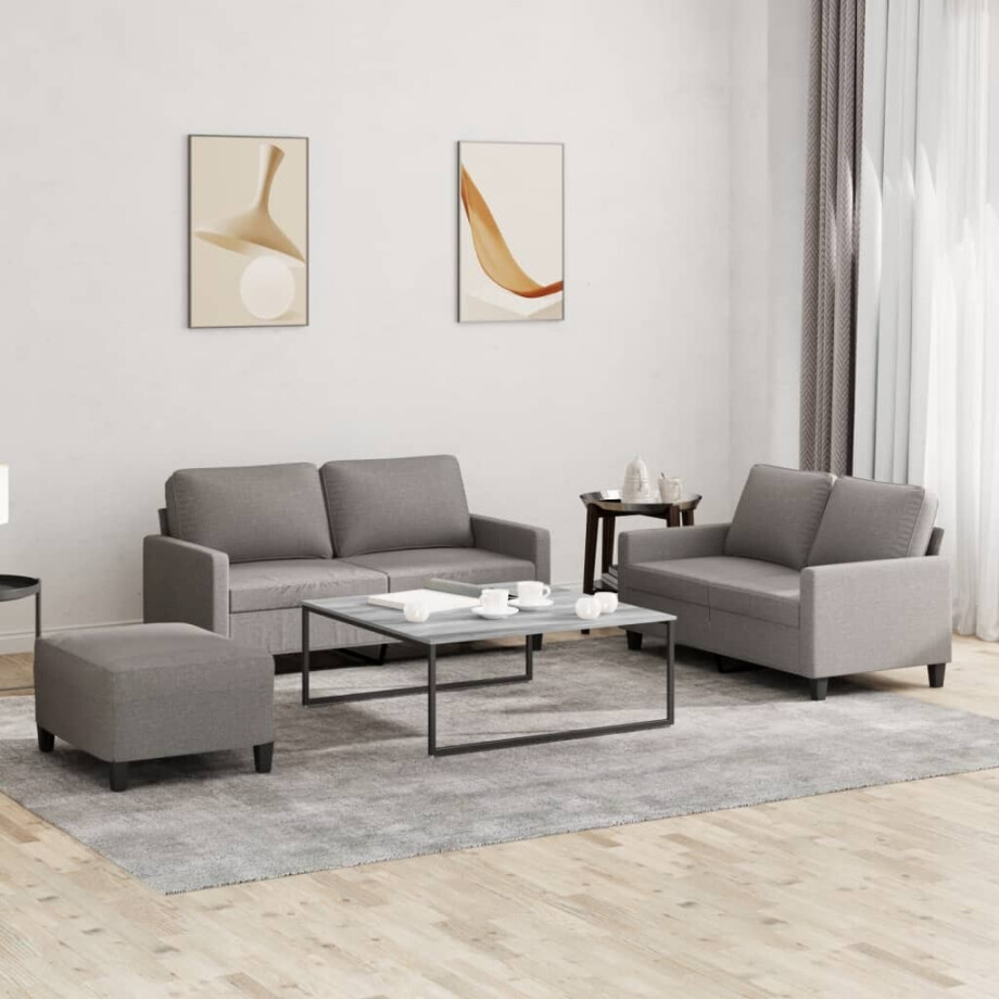 vidaXL 3-delige Loungeset met kussens stof taupe afbeelding 1