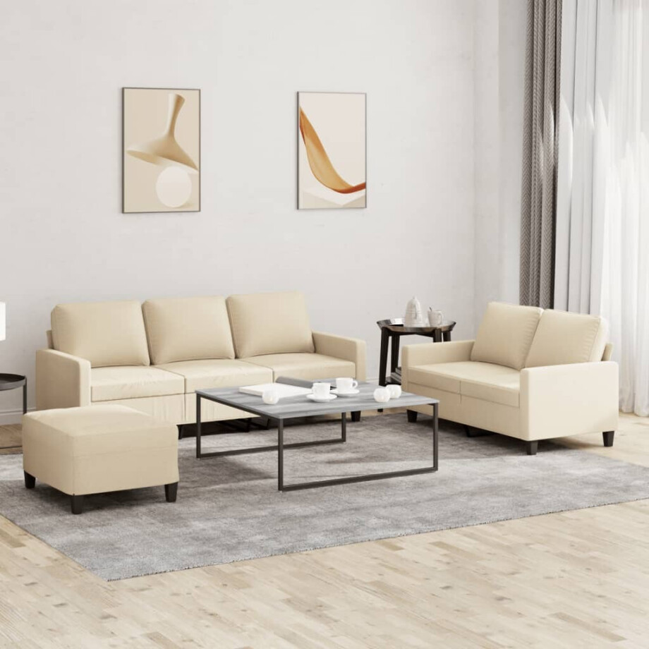 vidaXL 3-delige Loungeset met kussens stof crèmekleurig vidaXL 3-delige Loungeset met kussens stof crèmekleurig afbeelding 1