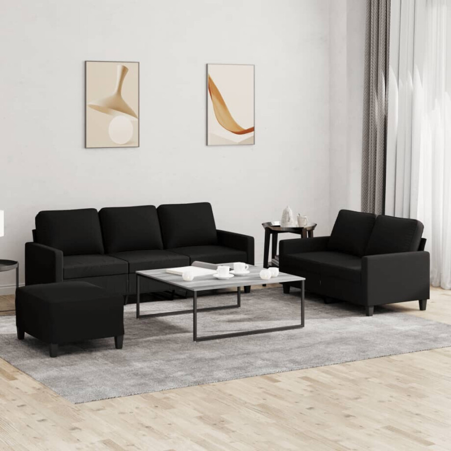 vidaXL 3-delige loungeset met kussens stof zwart afbeelding 1