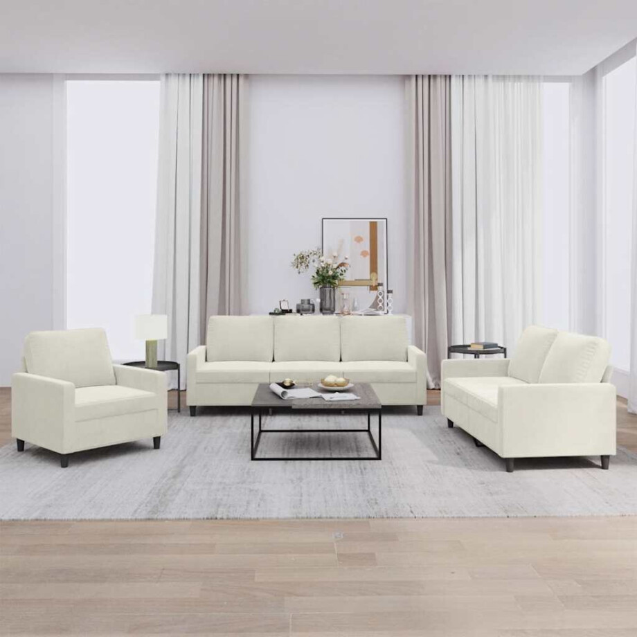 vidaXL 3-delige Loungeset met kussens fluweel crèmekleurig afbeelding 1