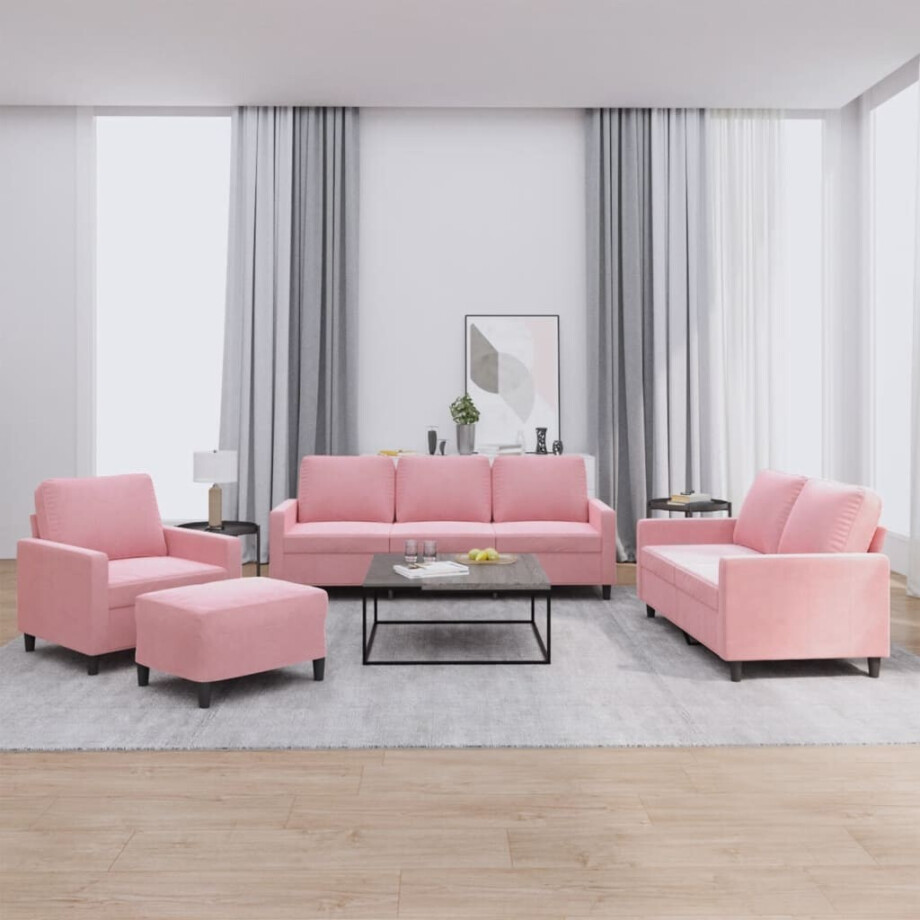 vidaXL 4-delige Loungeset met kussens fluweel roze afbeelding 1