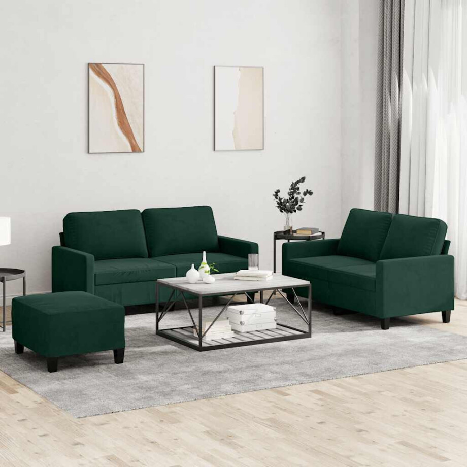 vidaXL 3-delige Loungeset met kussens fluweel donkergroen vidaXL 3-delige Loungeset met kussens fluweel donkergroen afbeelding 1