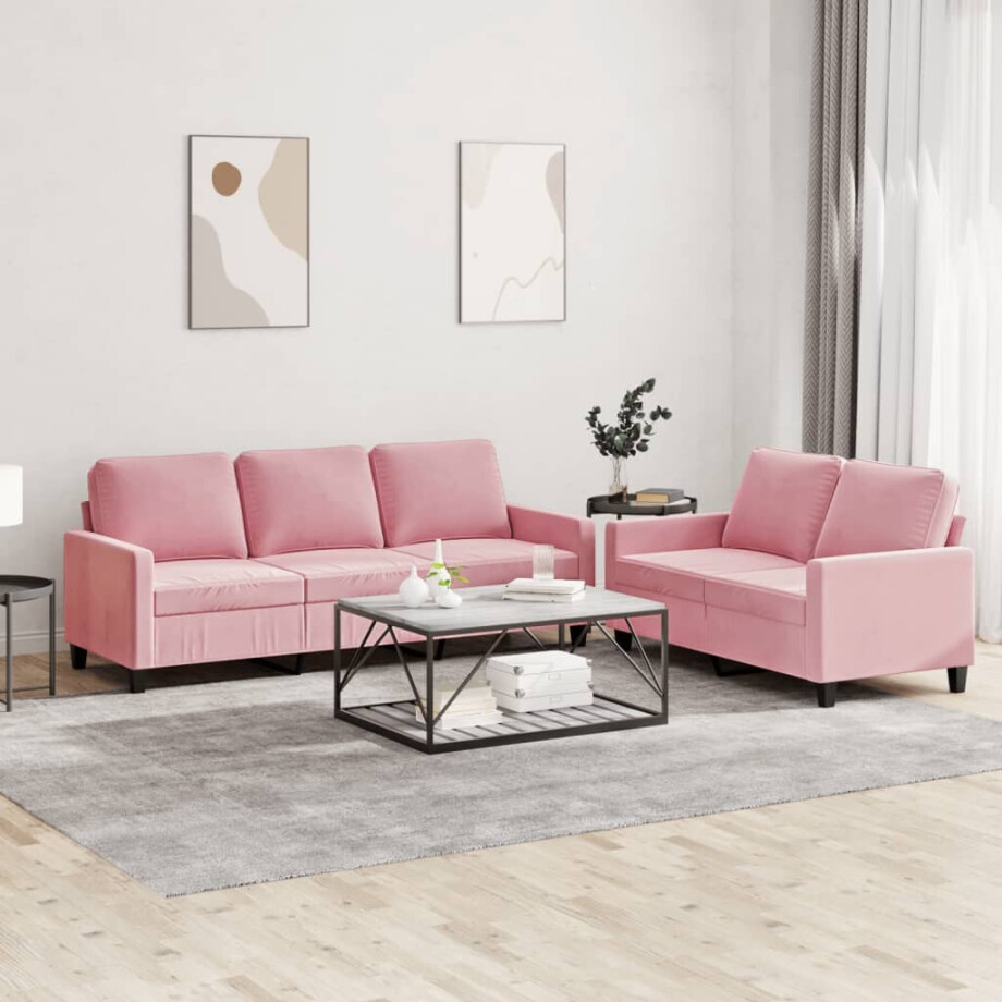vidaXL 2-delige Loungeset met kussens fluweel roze afbeelding 1