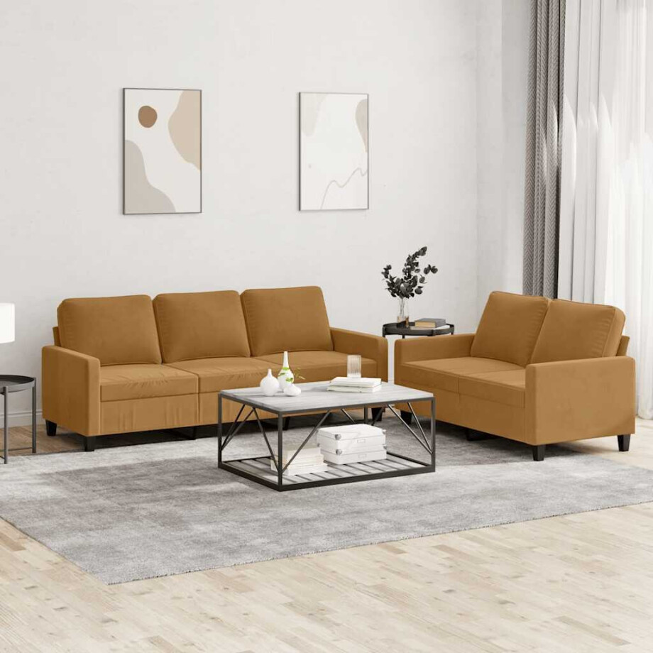 vidaXL 2-delige Loungeset met kussens fluweel bruin afbeelding 1