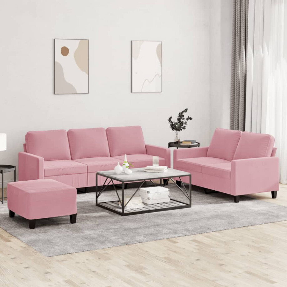 vidaXL 3-delige Loungeset met kussens fluweel roze afbeelding 1