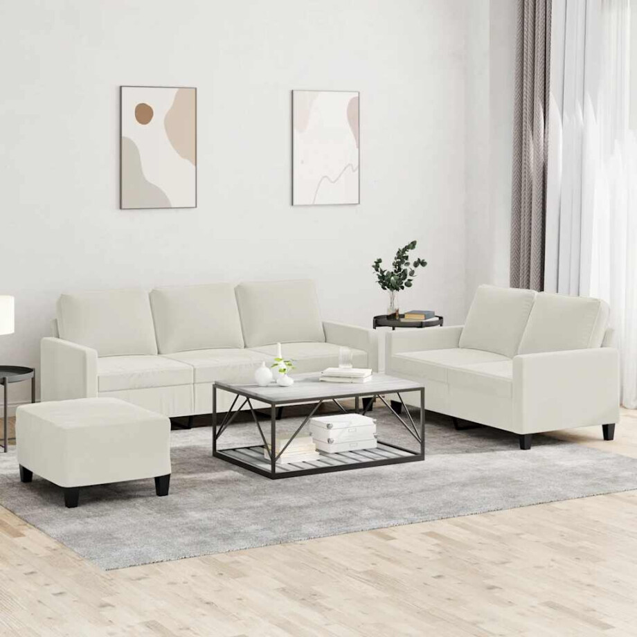 vidaXL 3-delige Loungeset met kussens fluweel crèmekleurig afbeelding 1