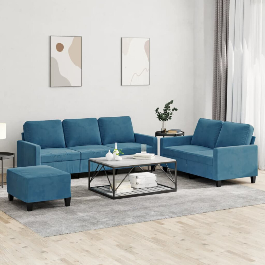 vidaXL 3-delige Loungeset met kussens fluweel blauw afbeelding 1