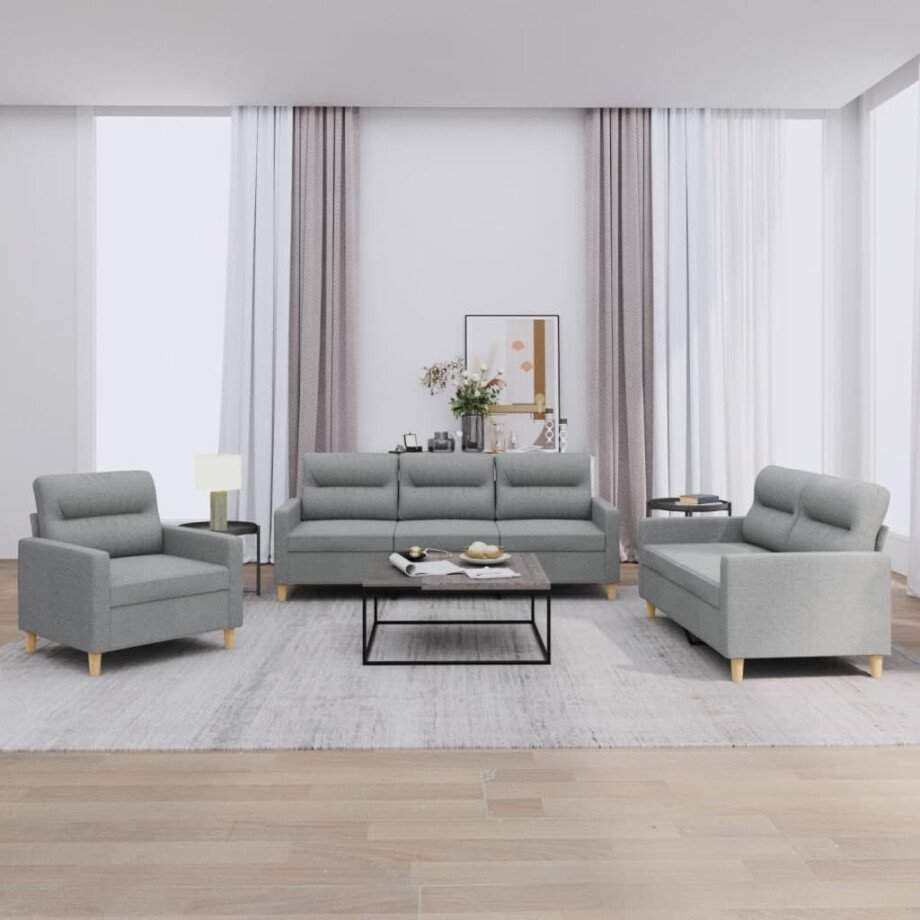 vidaXL 3-delige Loungeset met kussens stof lichtgrijs afbeelding 1
