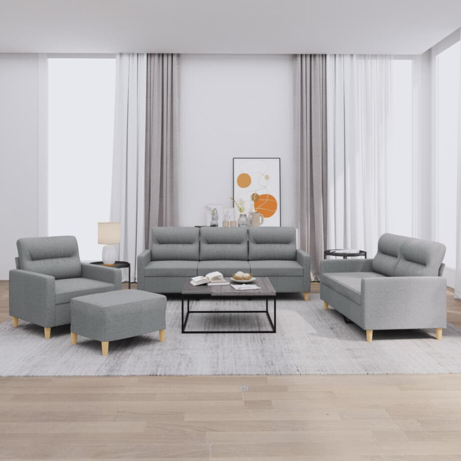 vidaXL 4-delige Loungeset met kussens stof lichtgrijs afbeelding 1