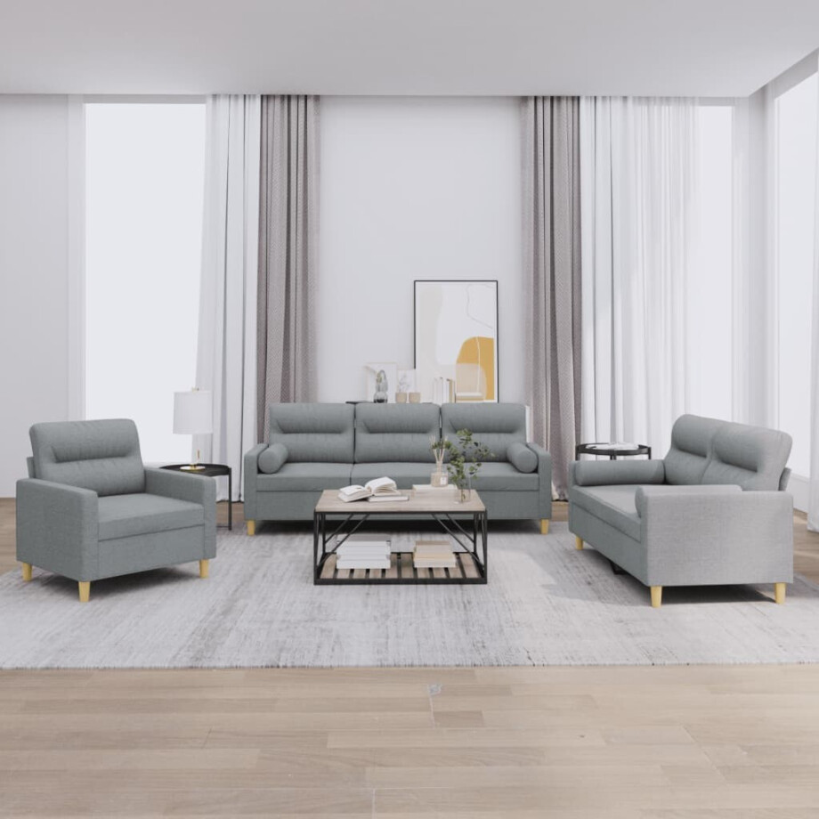 vidaXL 3-delige Loungeset met kussens stof lichtgrijs afbeelding 1