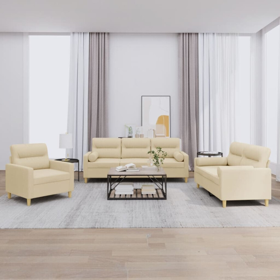 vidaXL 3-delige Loungeset met kussens stof crèmekleurig afbeelding 1