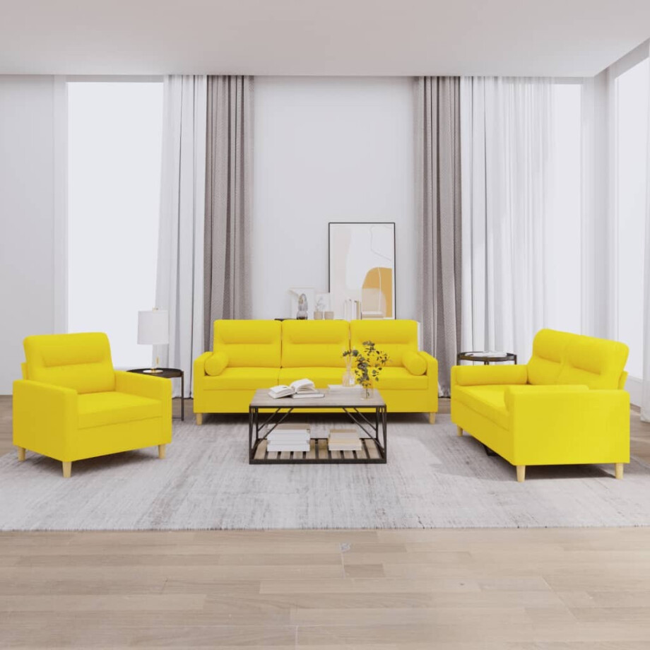 vidaXL 3-delige Loungeset met kussens stof lichtgeel vidaXL 3-delige Loungeset met kussens stof lichtgeel afbeelding 1