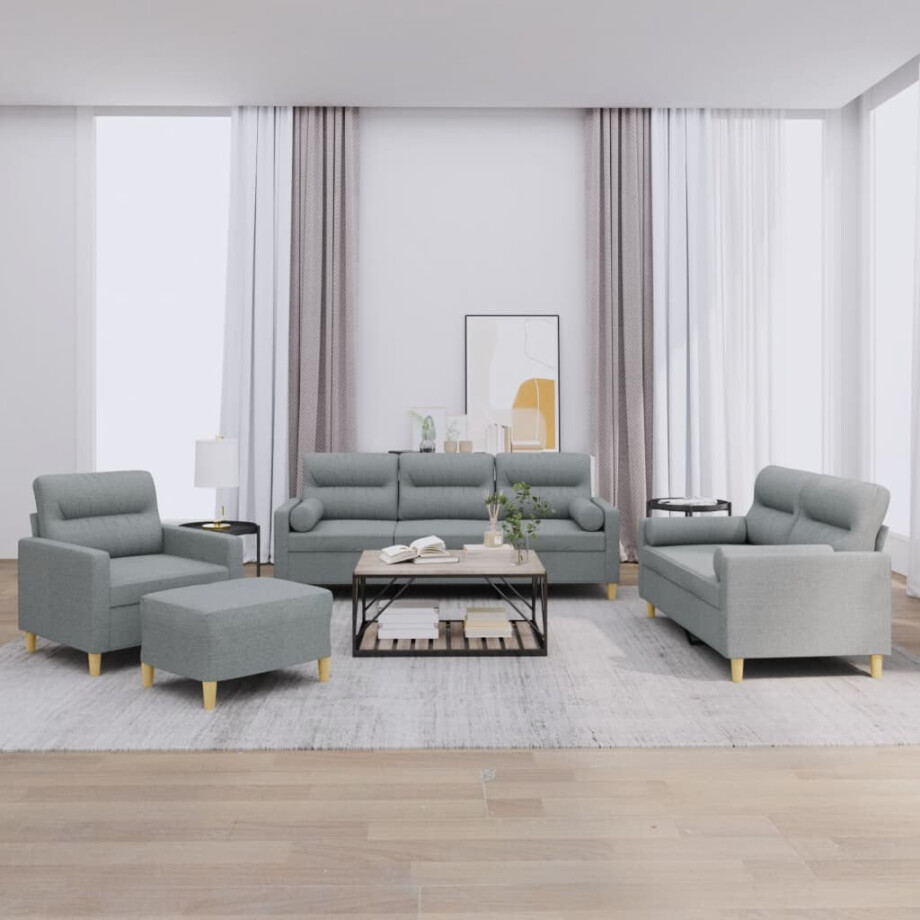 vidaXL 4-delige Loungeset met kussens stof lichtgrijs afbeelding 1