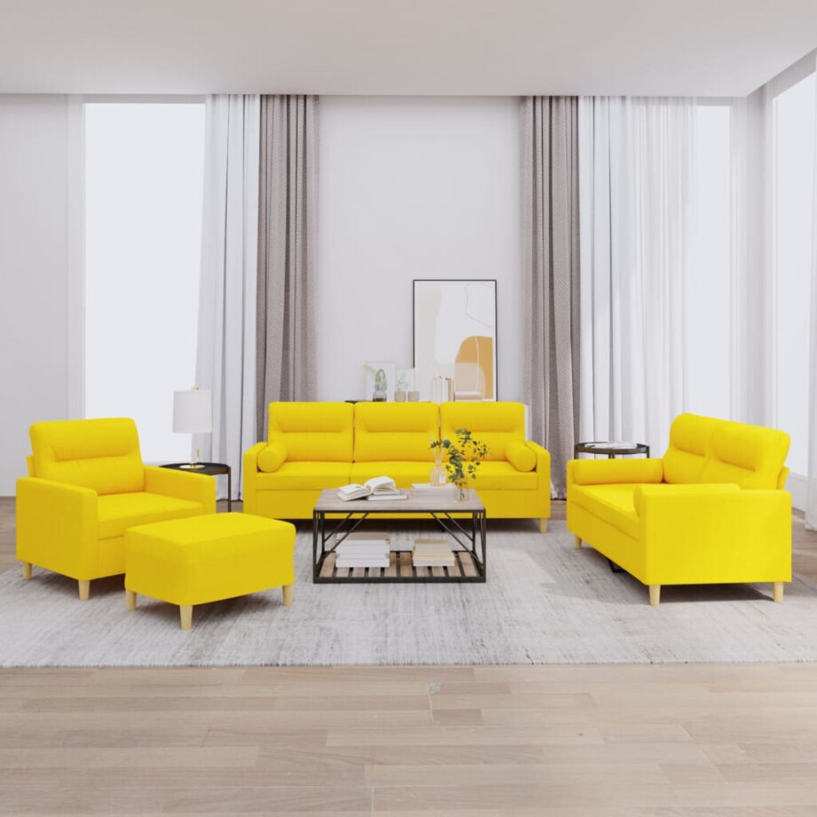 vidaXL 4-delige Loungeset met kussens stof lichtgeel afbeelding 1