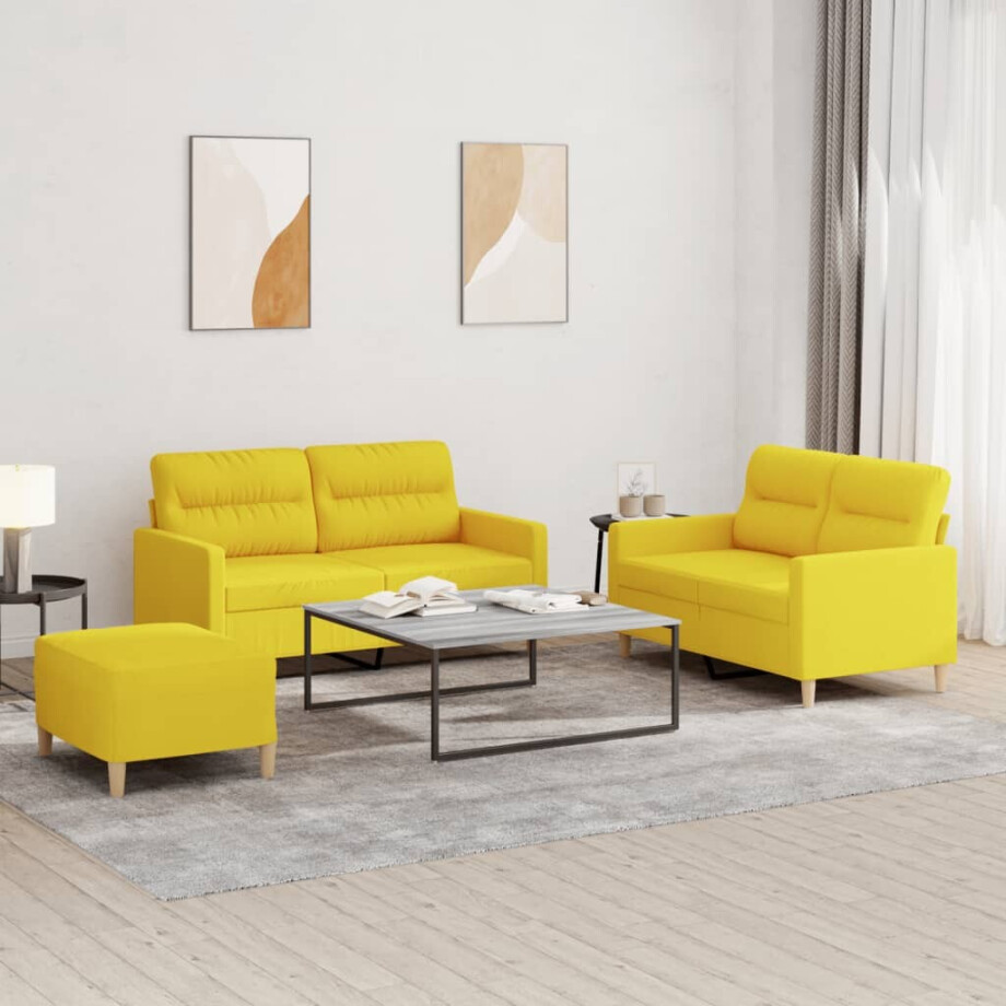 vidaXL 3-delige Loungeset met kussens stof lichtgeel vidaXL 3-delige Loungeset met kussens stof lichtgeel afbeelding 1