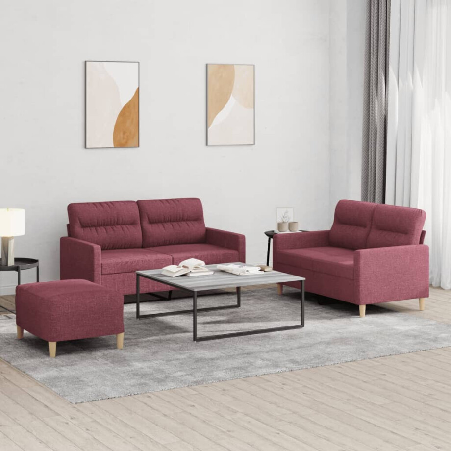 vidaXL 3-delige Loungeset met kussens stof wijnrood afbeelding 1