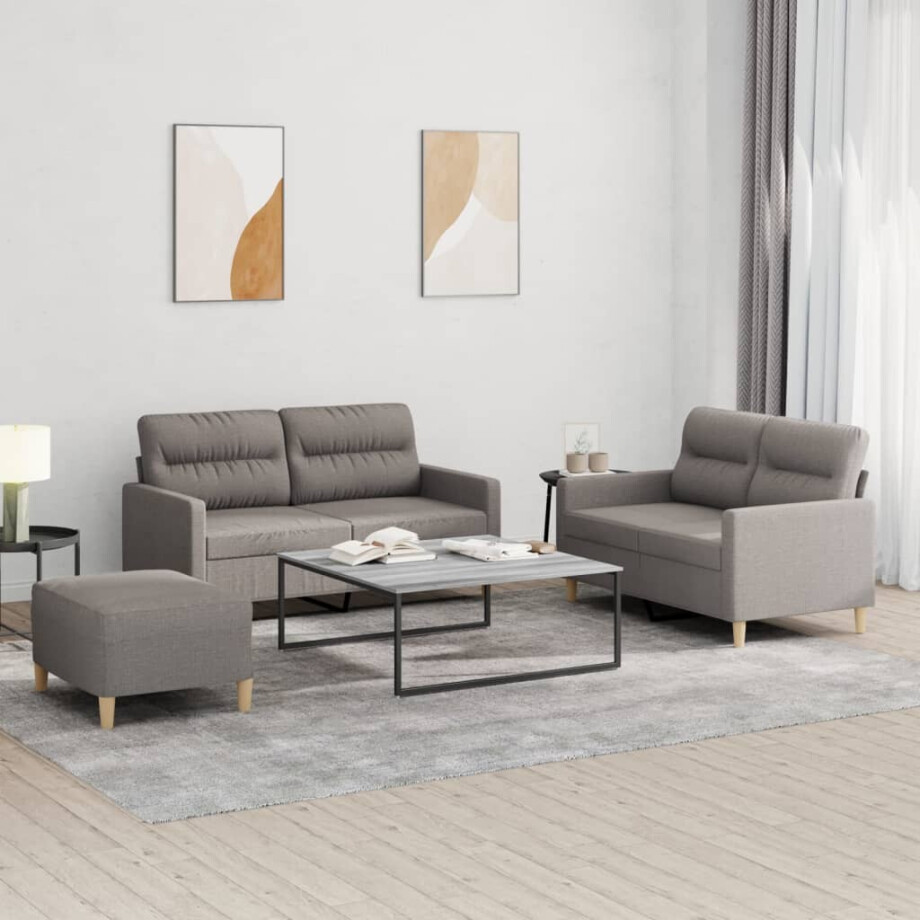 vidaXL 3-delige Loungeset met kussens stof taupe afbeelding 1
