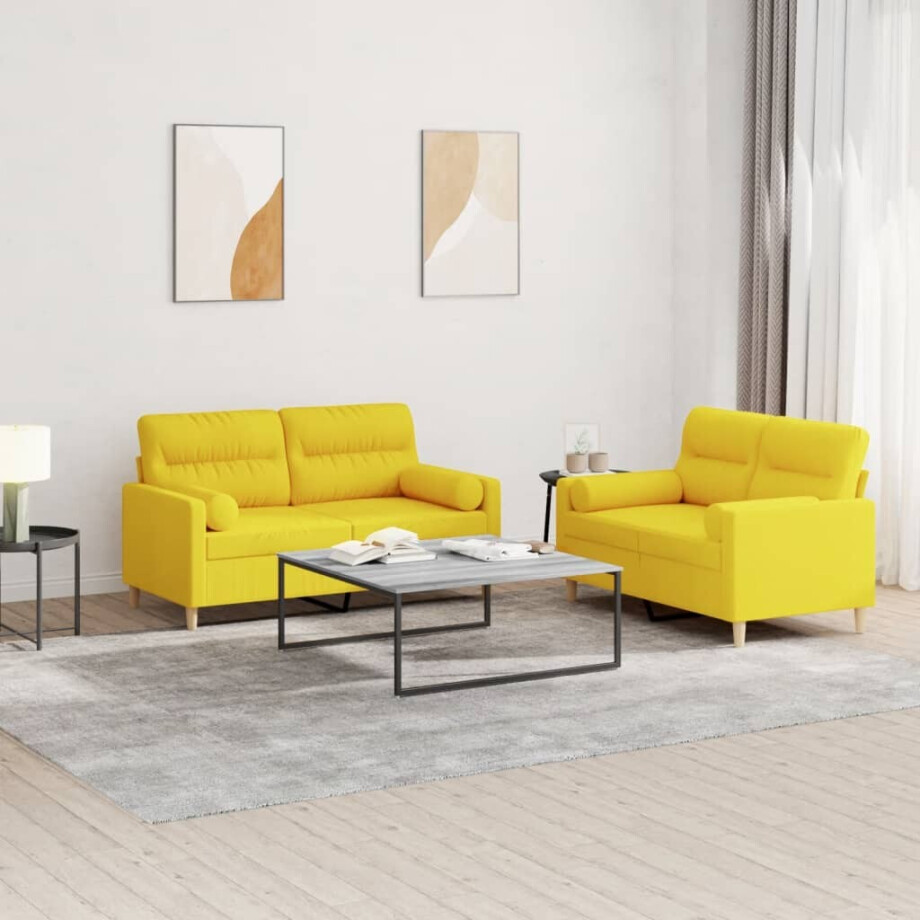 vidaXL 2-delige Loungeset met kussens stof lichtgeel vidaXL 2-delige Loungeset met kussens stof lichtgeel afbeelding 1
