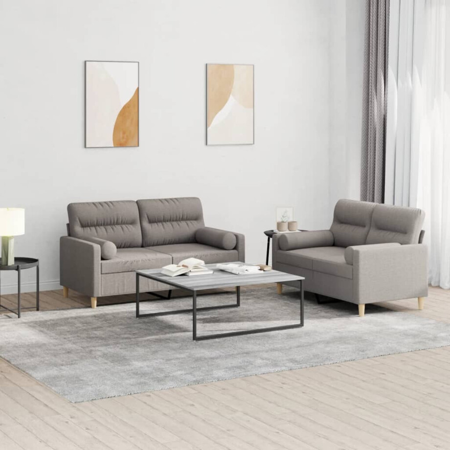 vidaXL 2-delige Loungeset met kussens stof taupe afbeelding 1
