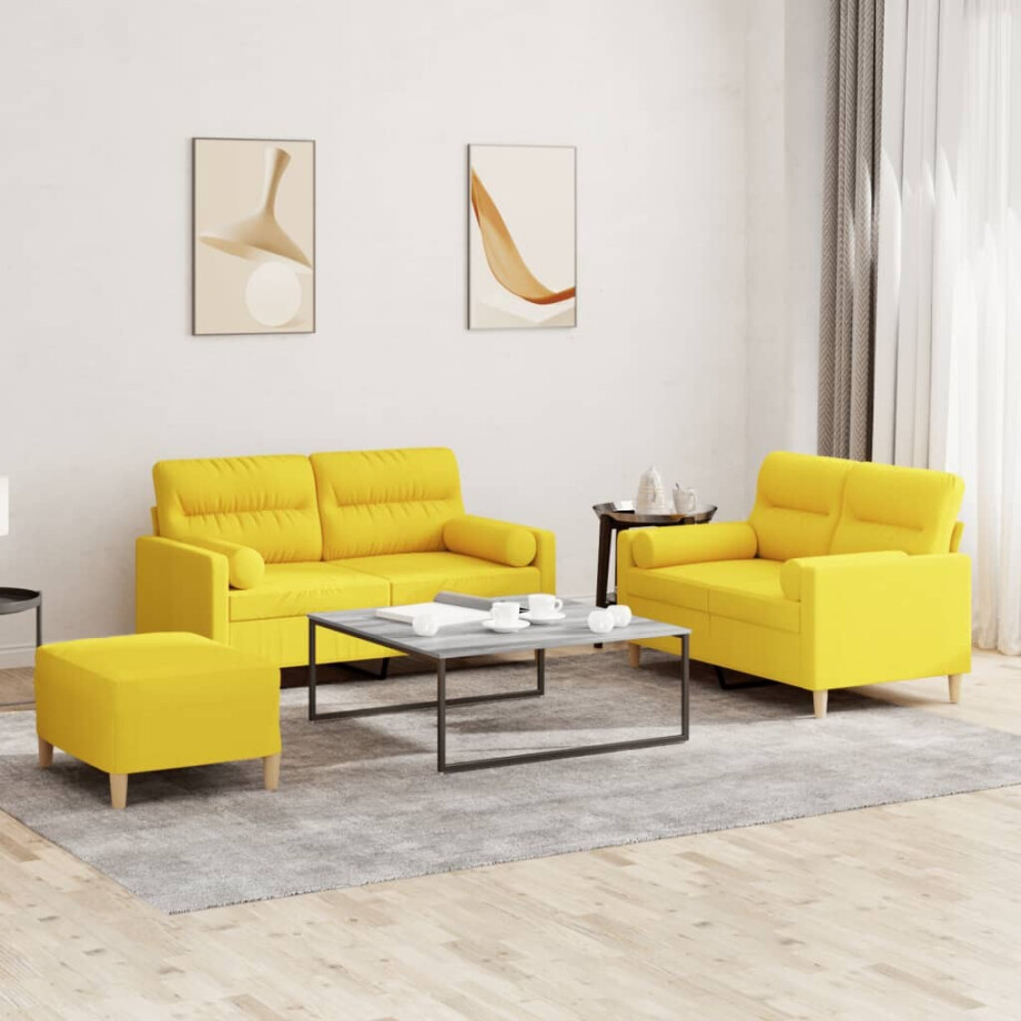 vidaXL 3-delige Loungeset met kussens stof lichtgeel vidaXL 3-delige Loungeset met kussens stof lichtgeel afbeelding 1