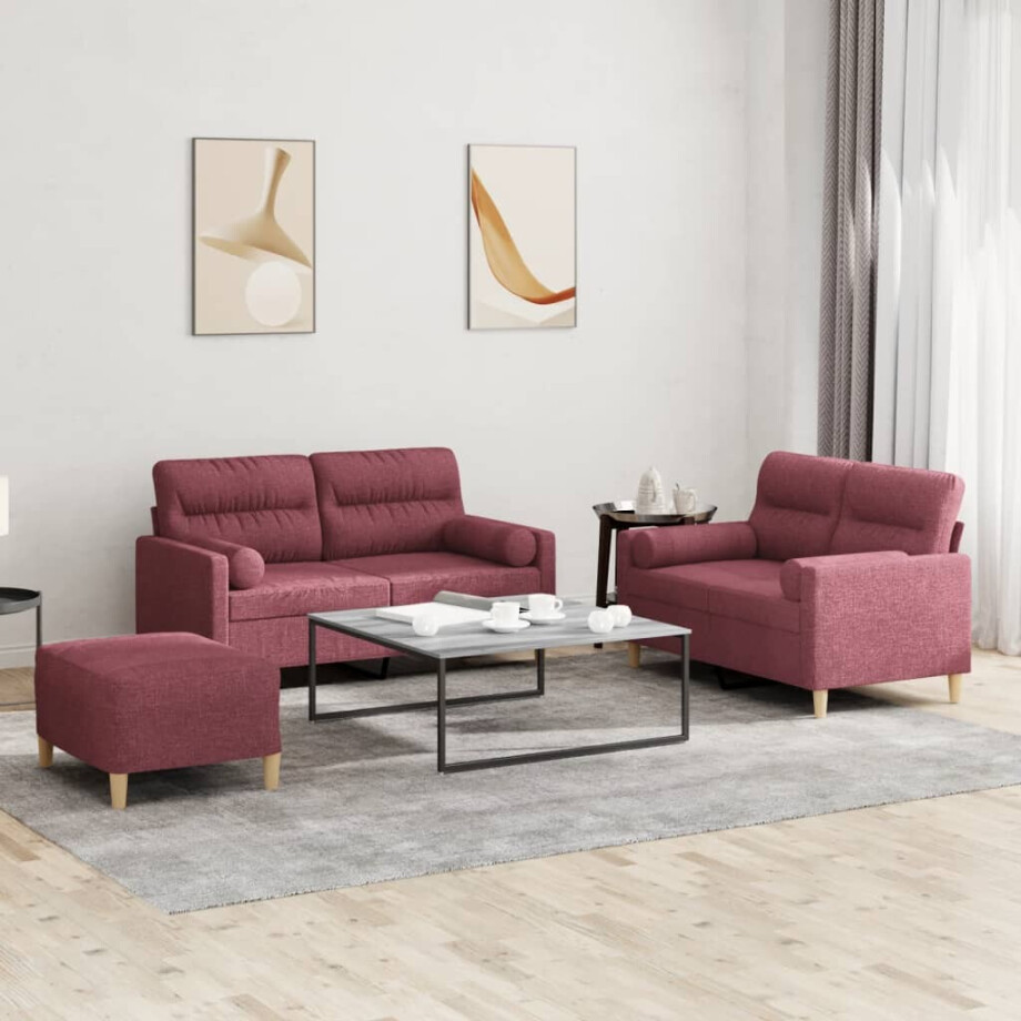 vidaXL 3-delige Loungeset met kussens stof wijnrood afbeelding 1