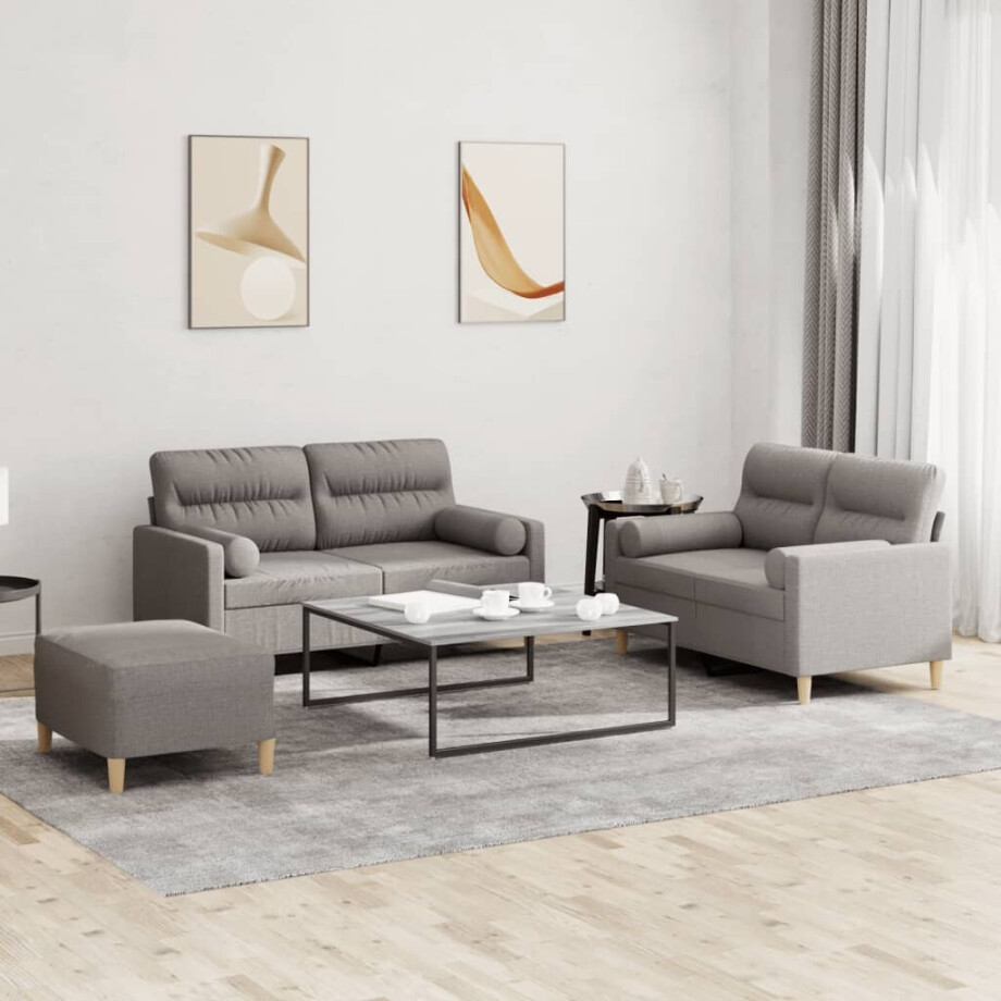 vidaXL 3-delige Loungeset met kussens stof taupe afbeelding 1