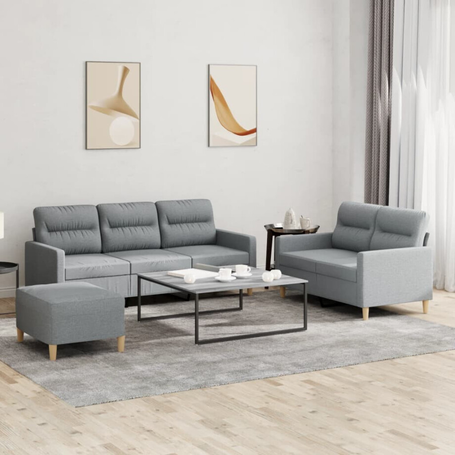 vidaXL 3-delige Loungeset met kussens stof lichtgrijs afbeelding 1