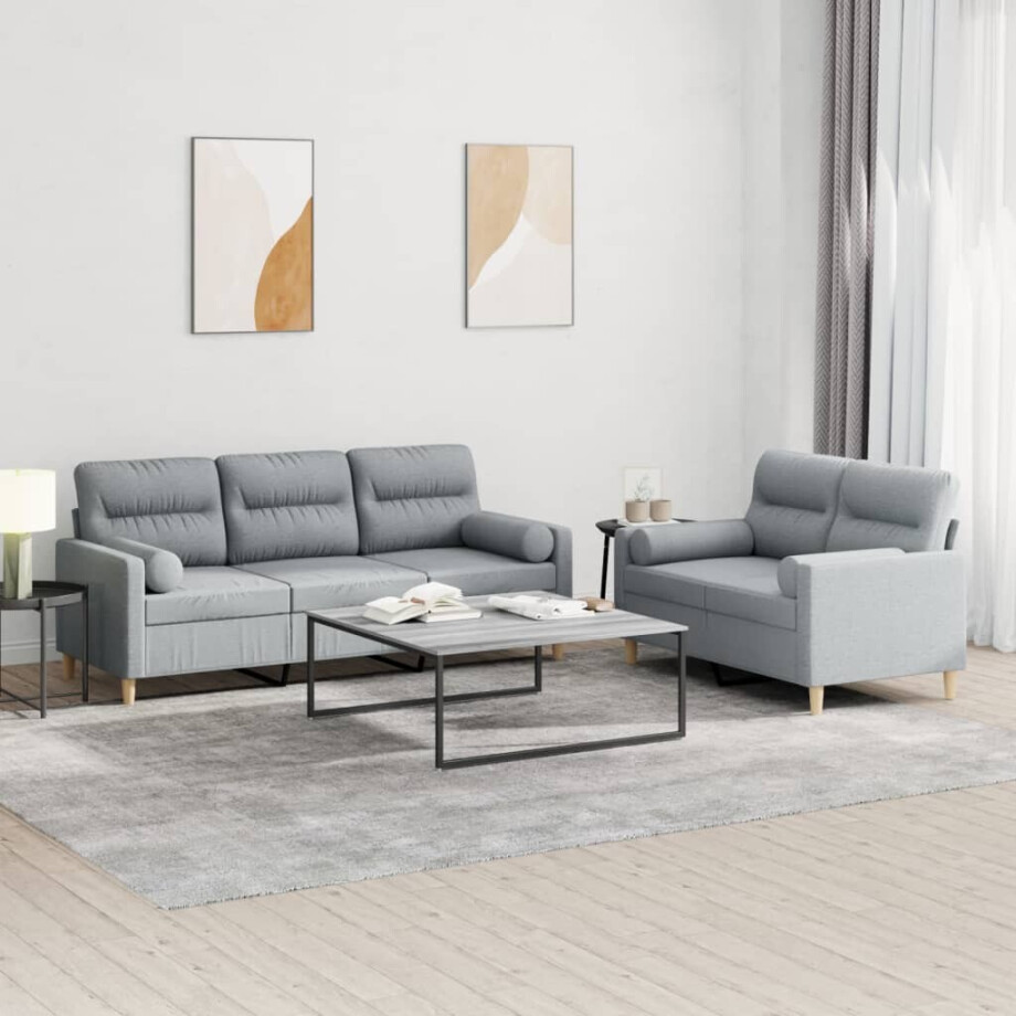vidaXL 2-delige Loungeset met kussens stof lichtgrijs vidaXL 2-delige Loungeset met kussens stof lichtgrijs afbeelding 1