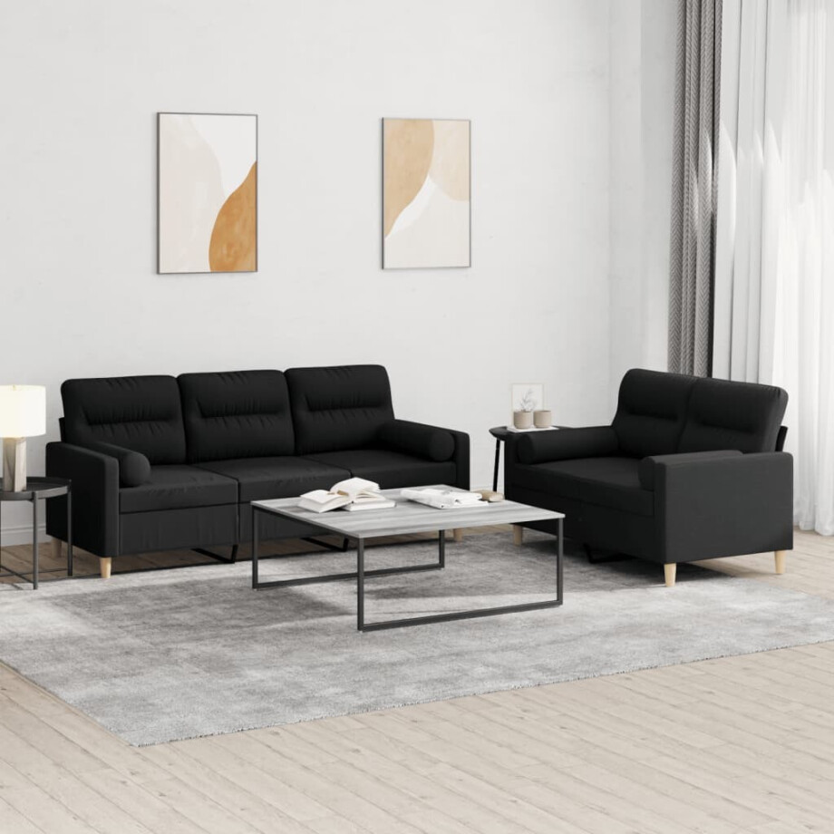 vidaXL 2-delige Loungeset met kussens stof zwart afbeelding 1