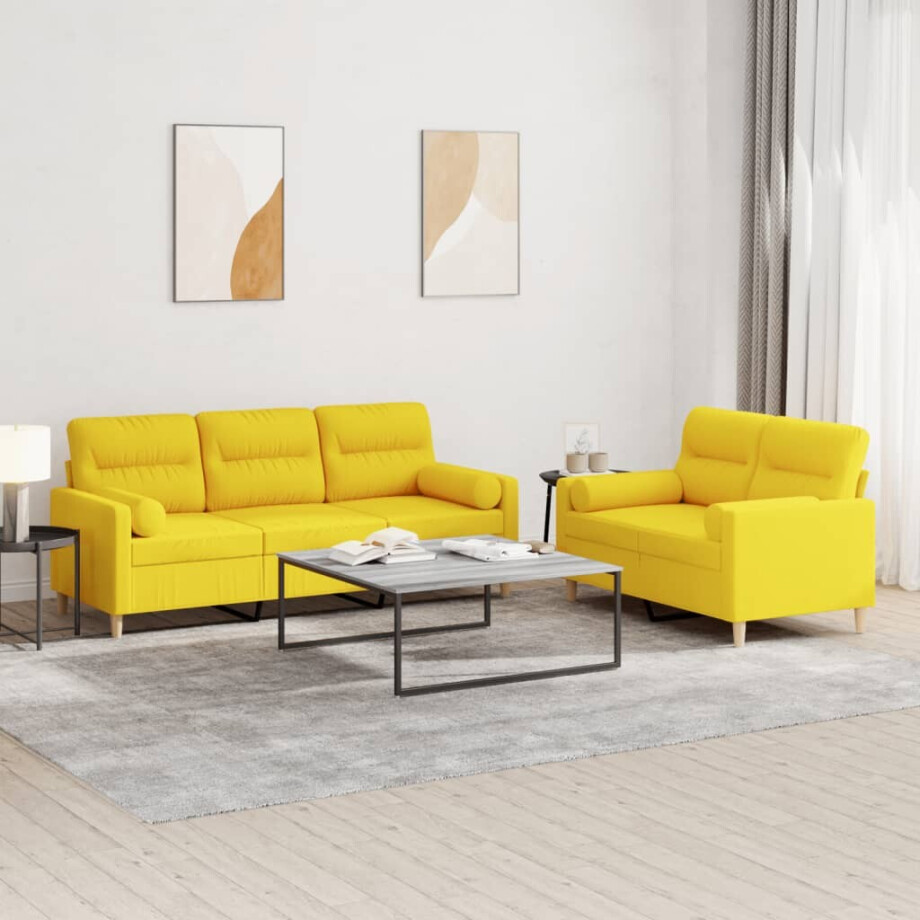 vidaXL 2-delige Loungeset met kussens stof lichtgeel vidaXL 2-delige Loungeset met kussens stof lichtgeel afbeelding 1