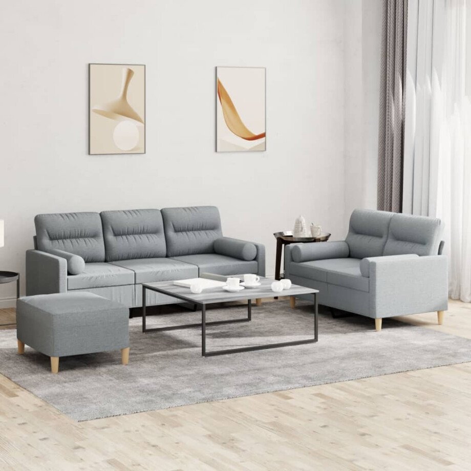 vidaXL 3-delige Loungeset met kussens stof lichtgrijs afbeelding 1