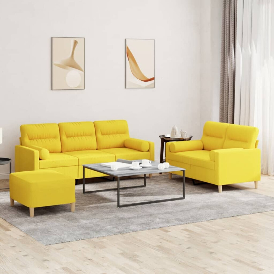 vidaXL 3-delige Loungeset met kussens stof lichtgeel vidaXL 3-delige Loungeset met kussens stof lichtgeel afbeelding 1