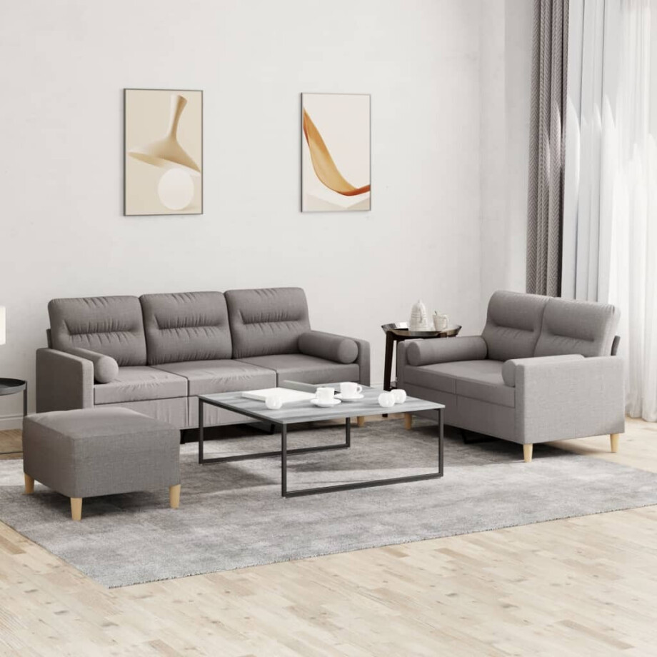 vidaXL 3-delige Loungeset met kussens stof taupe afbeelding 1