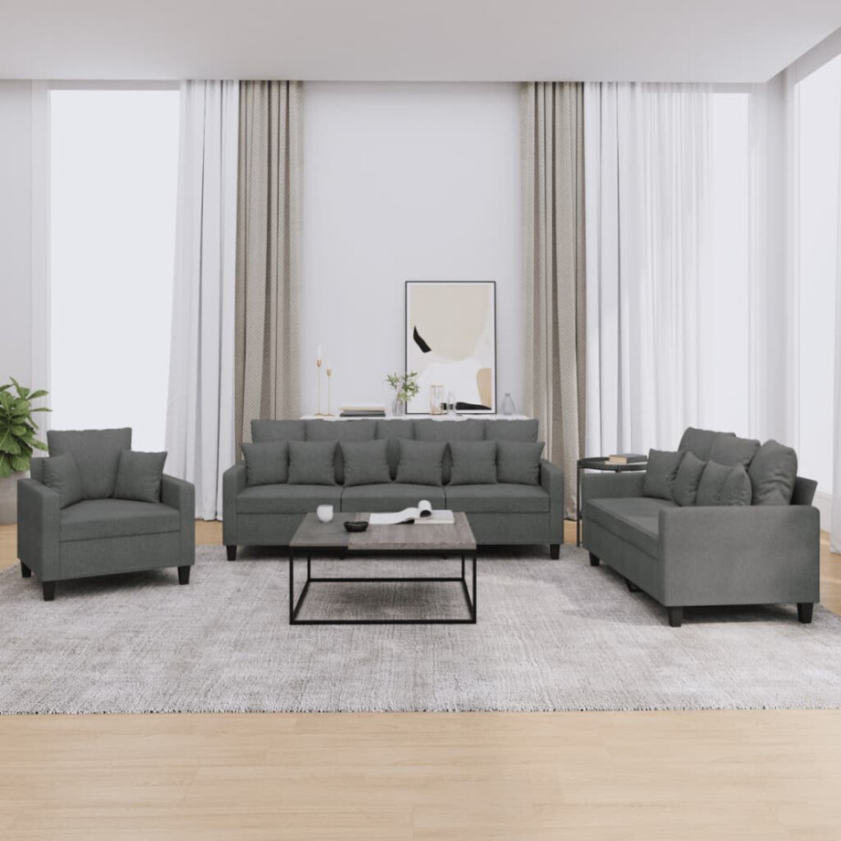 vidaXL 3-delige Loungeset met kussens stof donkergrijs vidaXL 3-delige Loungeset met kussens stof donkergrijs afbeelding 1