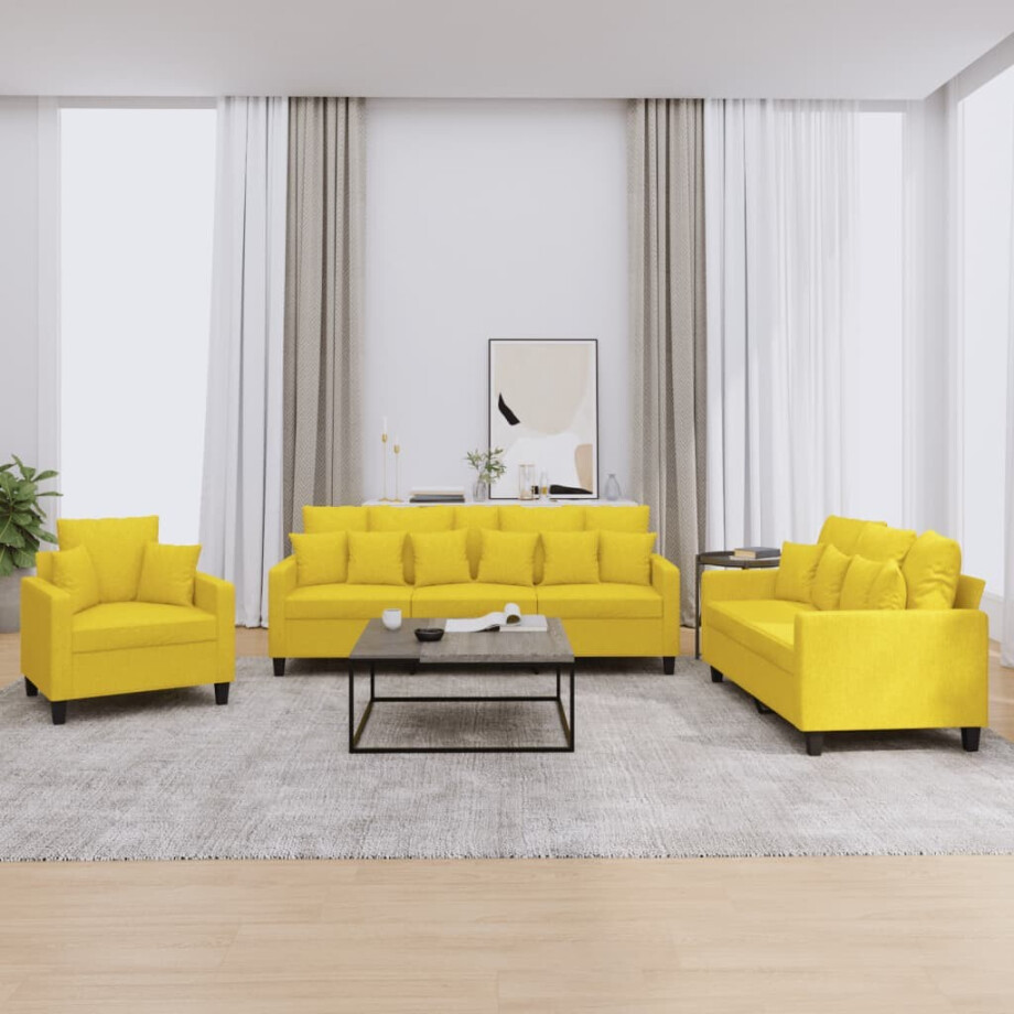 vidaXL 3-delige Loungeset met kussens stof lichtgeel vidaXL 3-delige Loungeset met kussens stof lichtgeel afbeelding 1