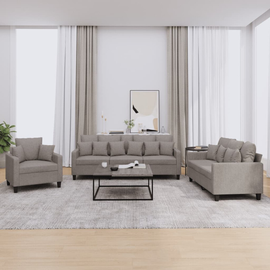 vidaXL 3-delige Loungeset met kussens stof taupe vidaXL 3-delige Loungeset met kussens stof taupe afbeelding 1