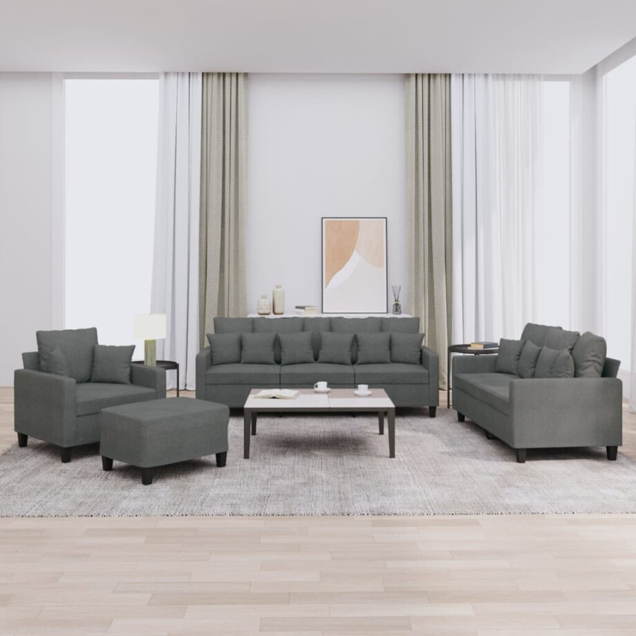 vidaXL 4-delige Loungeset met kussens stof donkergrijs afbeelding 1