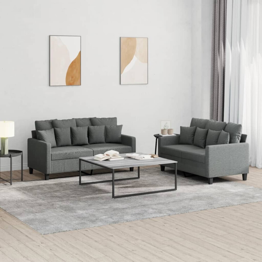 vidaXL 2-delige Loungeset met kussens stof donkergrijs vidaXL 2-delige Loungeset met kussens stof donkergrijs afbeelding 1