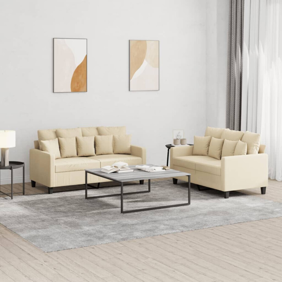 vidaXL 2-delige Loungeset met kussens stof crèmekleurig vidaXL 2-delige Loungeset met kussens stof crèmekleurig afbeelding 1