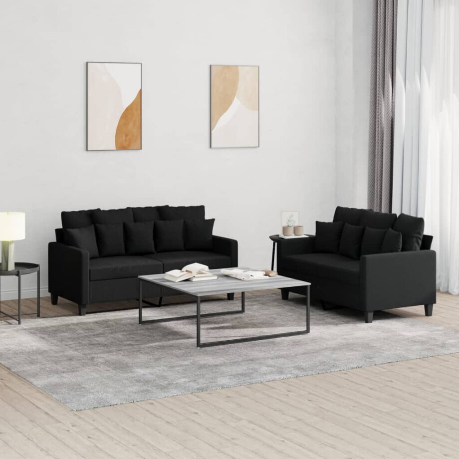 vidaXL 2-delige loungeset met kussens stof zwart afbeelding 1