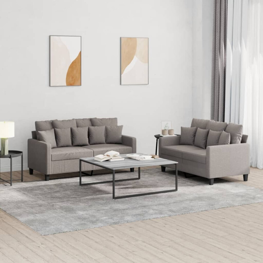 vidaXL 2-delige Loungeset met kussens stof taupe afbeelding 1