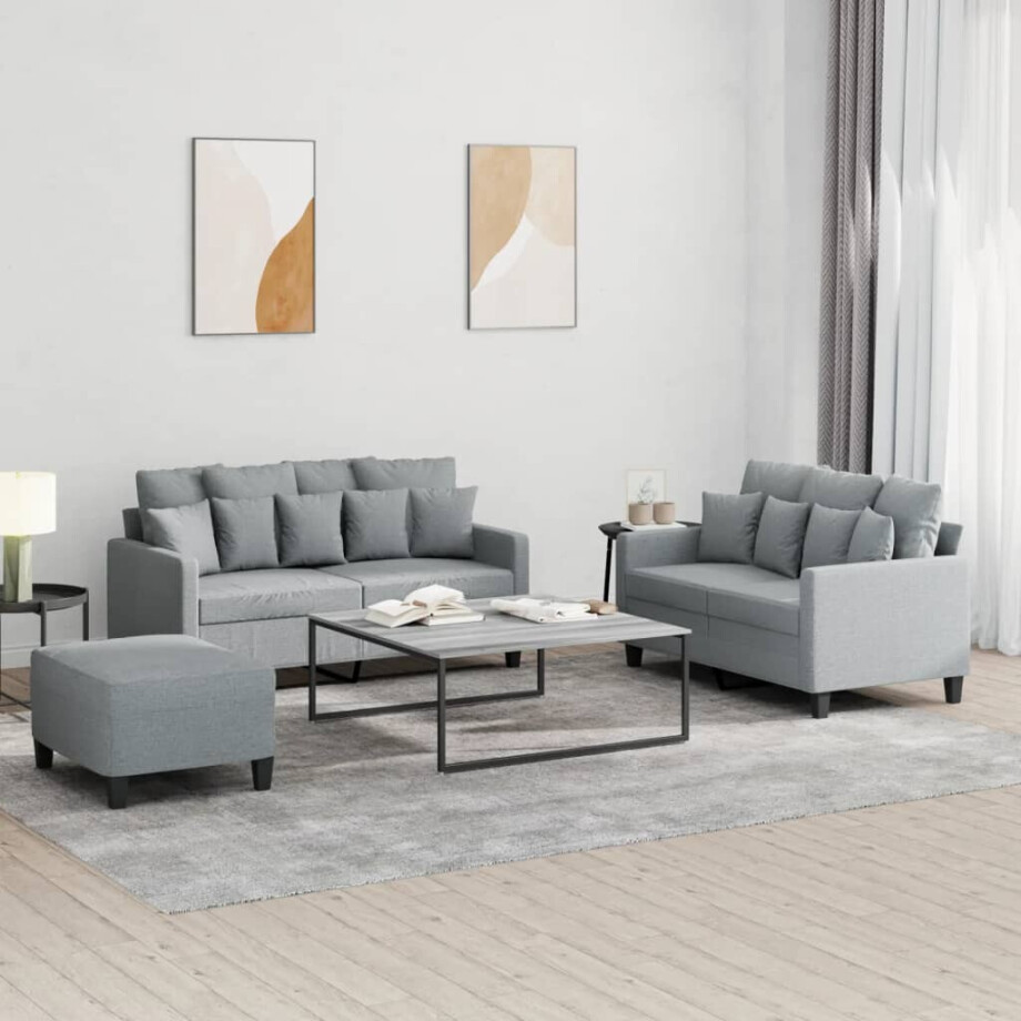vidaXL 3-delige Loungeset met kussens stof lichtgrijs afbeelding 1