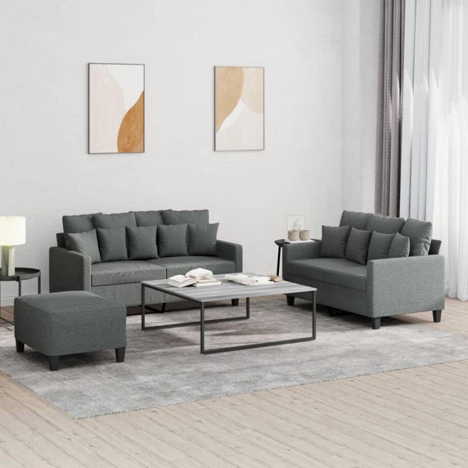 vidaXL 3-delige Loungeset met kussens stof donkergrijs vidaXL 3-delige Loungeset met kussens stof donkergrijs afbeelding 1