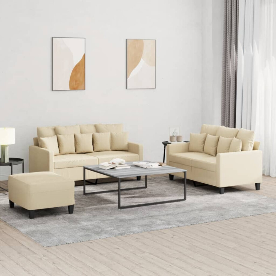 vidaXL 3-delige Loungeset met kussens stof crèmekleurig vidaXL 3-delige Loungeset met kussens stof crèmekleurig afbeelding 1