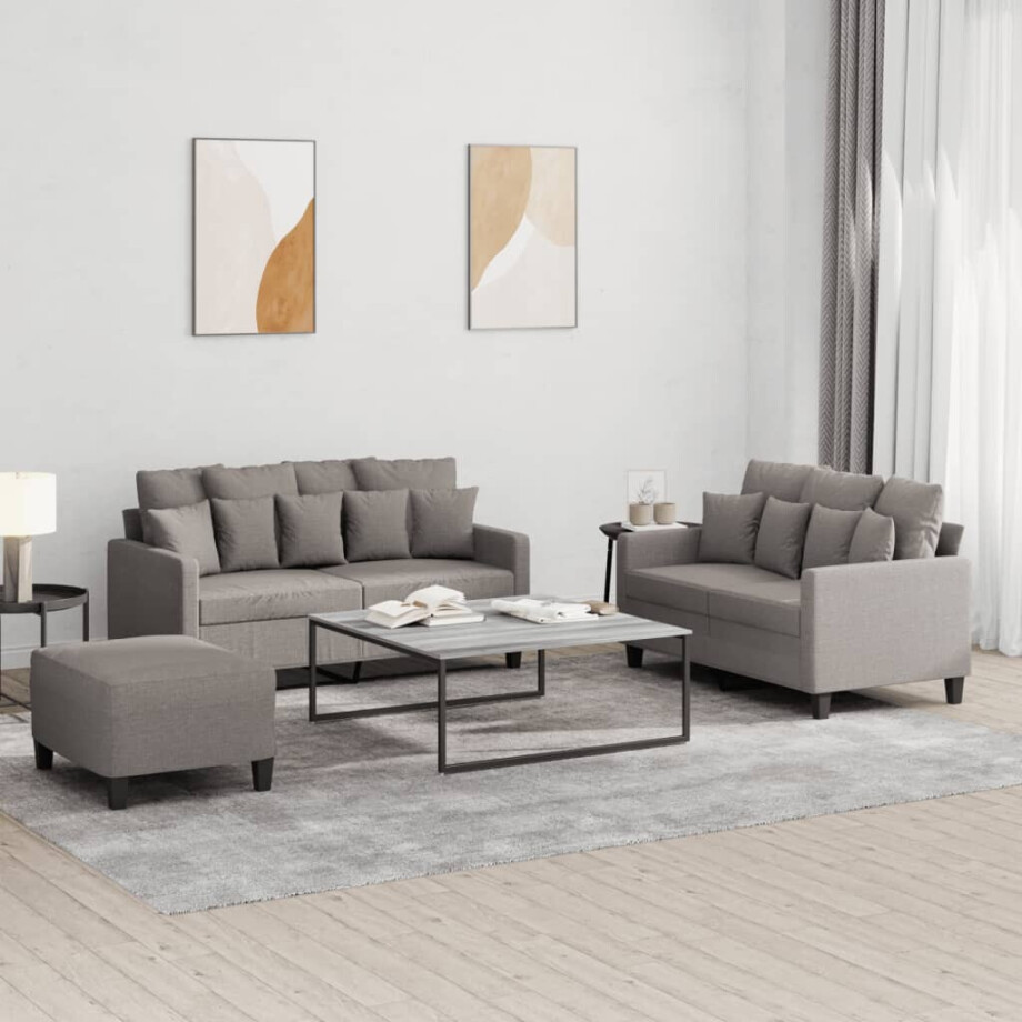 vidaXL 3-delige Loungeset met kussens stof taupe afbeelding 1