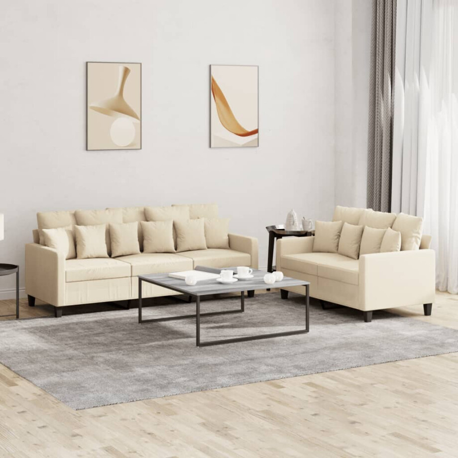 vidaXL 2-delige Loungeset met kussens stof crèmekleurig vidaXL 2-delige Loungeset met kussens stof crèmekleurig afbeelding 1