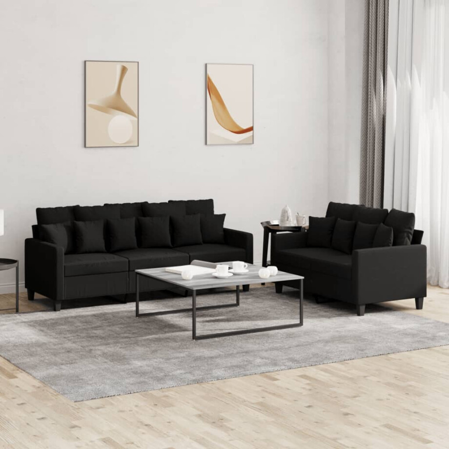 vidaXL 2-delige loungeset met kussens stof zwart afbeelding 1