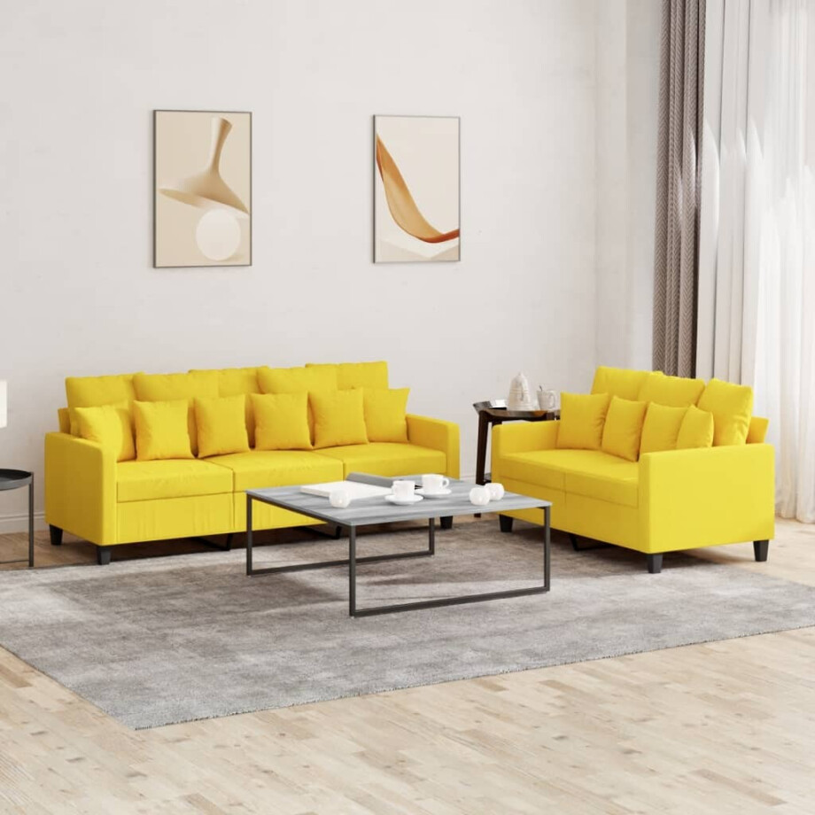 vidaXL 2-delige Loungeset met kussens stof lichtgeel vidaXL 2-delige Loungeset met kussens stof lichtgeel afbeelding 1