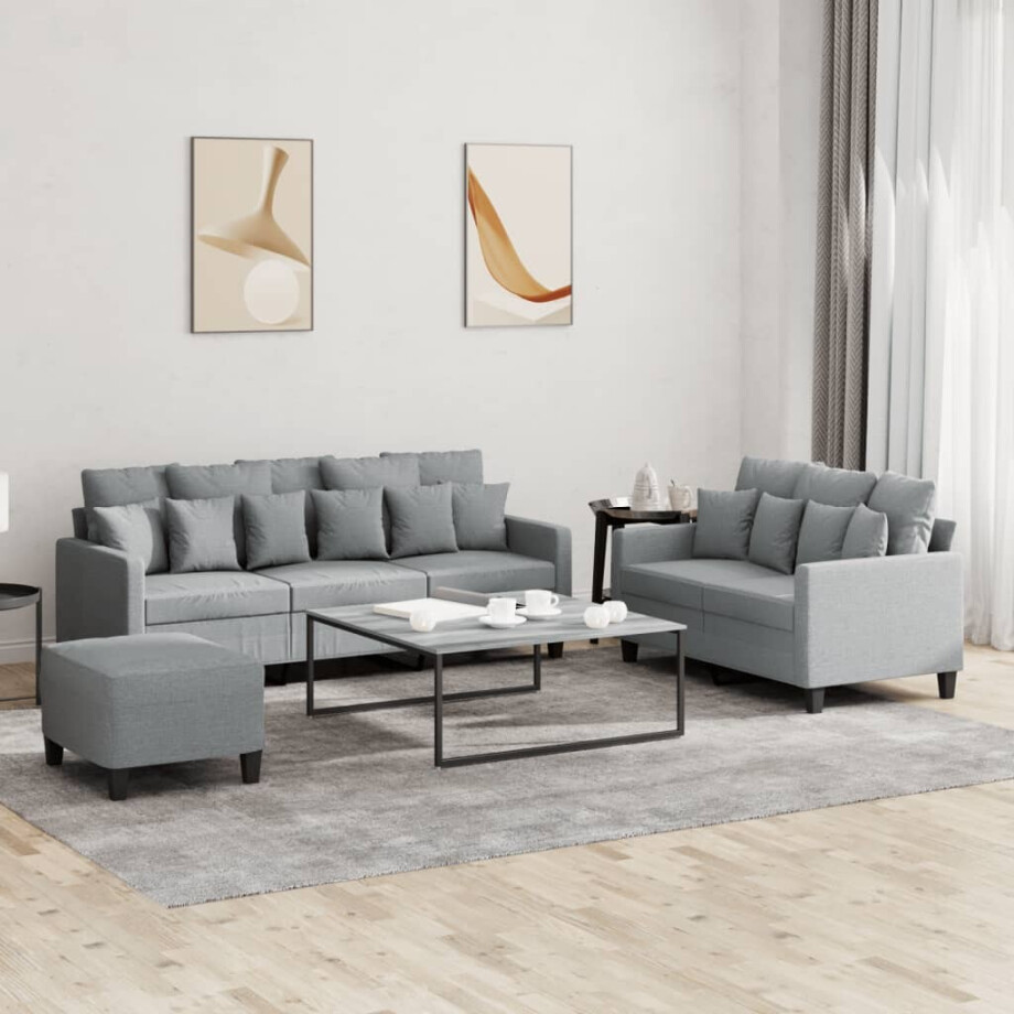 vidaXL 3-delige Loungeset met kussens stof lichtgrijs vidaXL 3-delige Loungeset met kussens stof lichtgrijs afbeelding 1